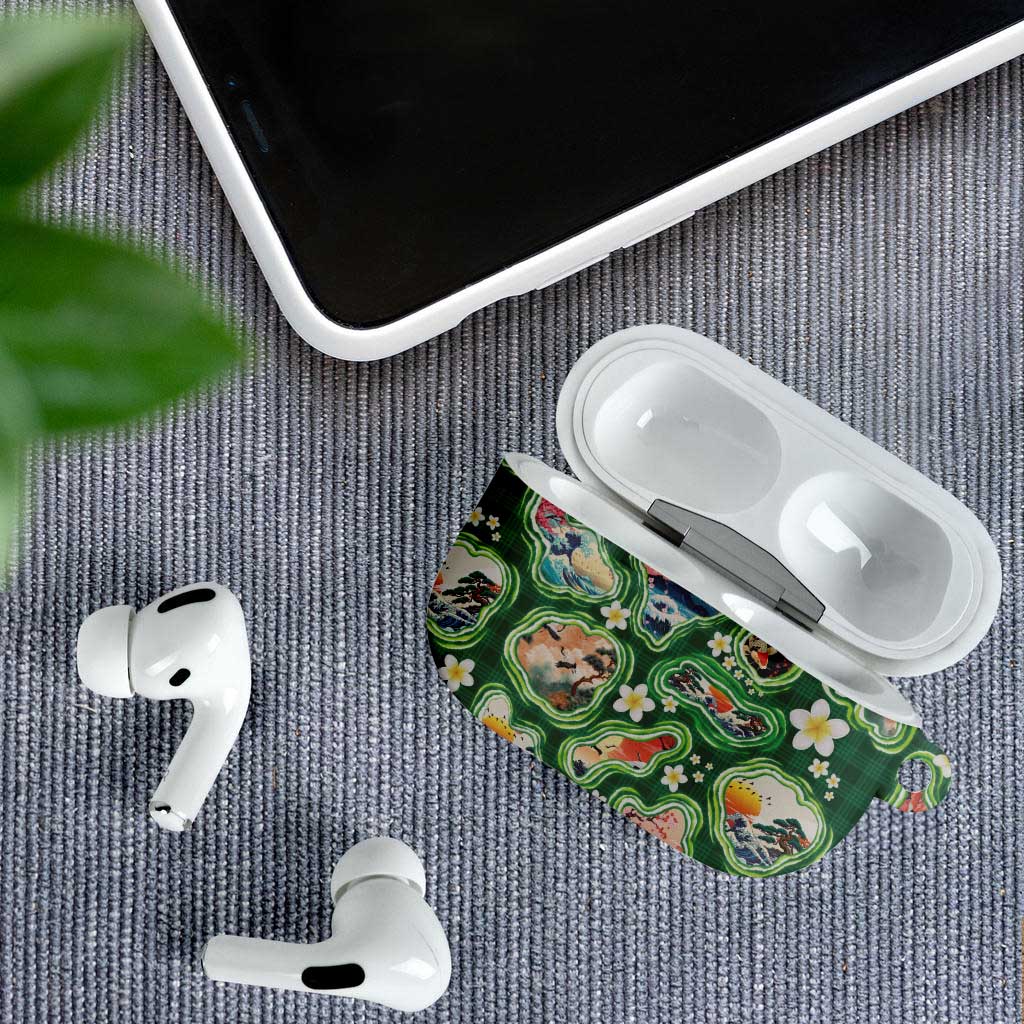 Hawaiian and Japanese Culture Together AirPods Case Hawaiian Island Shapes with Japanese Landscape Green Color LT03 - Polynesian Pride