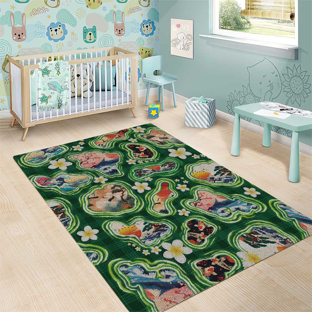 Hawaiian and Japanese Culture Together Area Rug Hawaiian Island Shapes with Japanese Landscape Green Color LT03 - Polynesian Pride