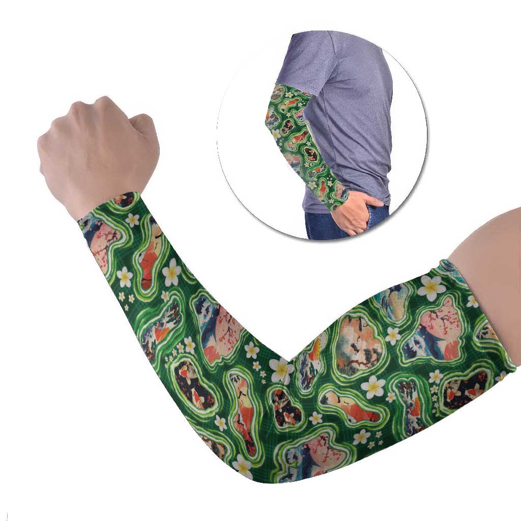 Hawaiian and Japanese Culture Together Arm Sleeves Hawaiian Island Shapes with Japanese Landscape Green Color