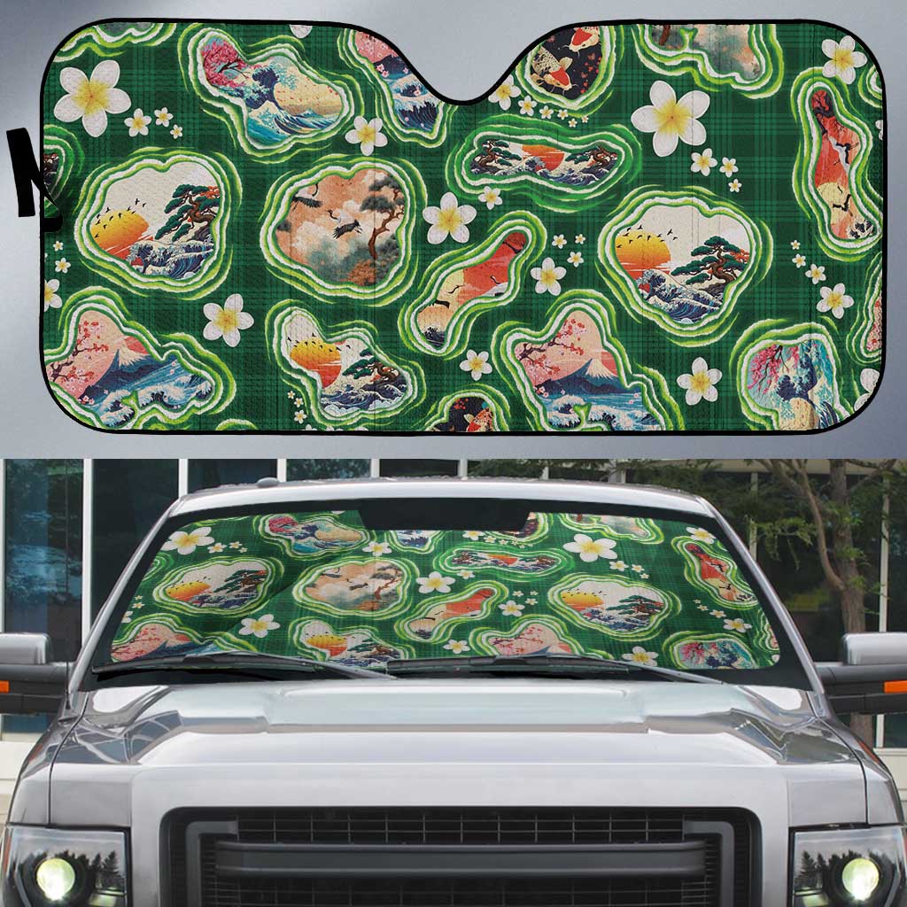 Hawaiian and Japanese Culture Together Auto Sun Shade Hawaiian Island Shapes with Japanese Landscape Green Color