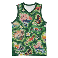 Hawaiian and Japanese Culture Together Basketball Jersey Hawaiian Island Shapes with Japanese Landscape Green Color LT03 Unisex Green - Polynesian Pride