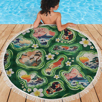 Hawaiian and Japanese Culture Together Beach Blanket Hawaiian Island Shapes with Japanese Landscape Green Color LT03 - Polynesian Pride