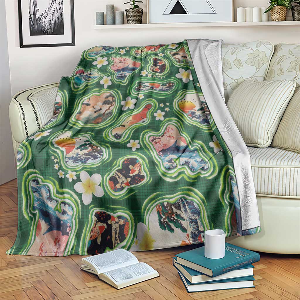 Hawaiian and Japanese Culture Together Blanket Hawaiian Island Shapes with Japanese Landscape Green Color LT03 Green - Polynesian Pride