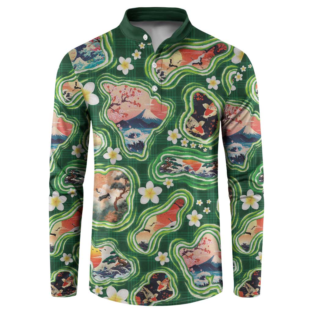 Hawaiian and Japanese Culture Together Button Sweatshirt Hawaiian Island Shapes with Japanese Landscape Green Color