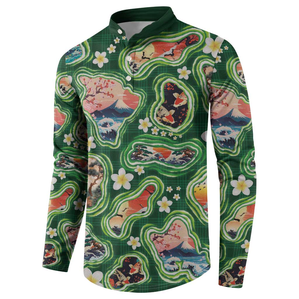 Hawaiian and Japanese Culture Together Button Sweatshirt Hawaiian Island Shapes with Japanese Landscape Green Color LT03 - Polynesian Pride