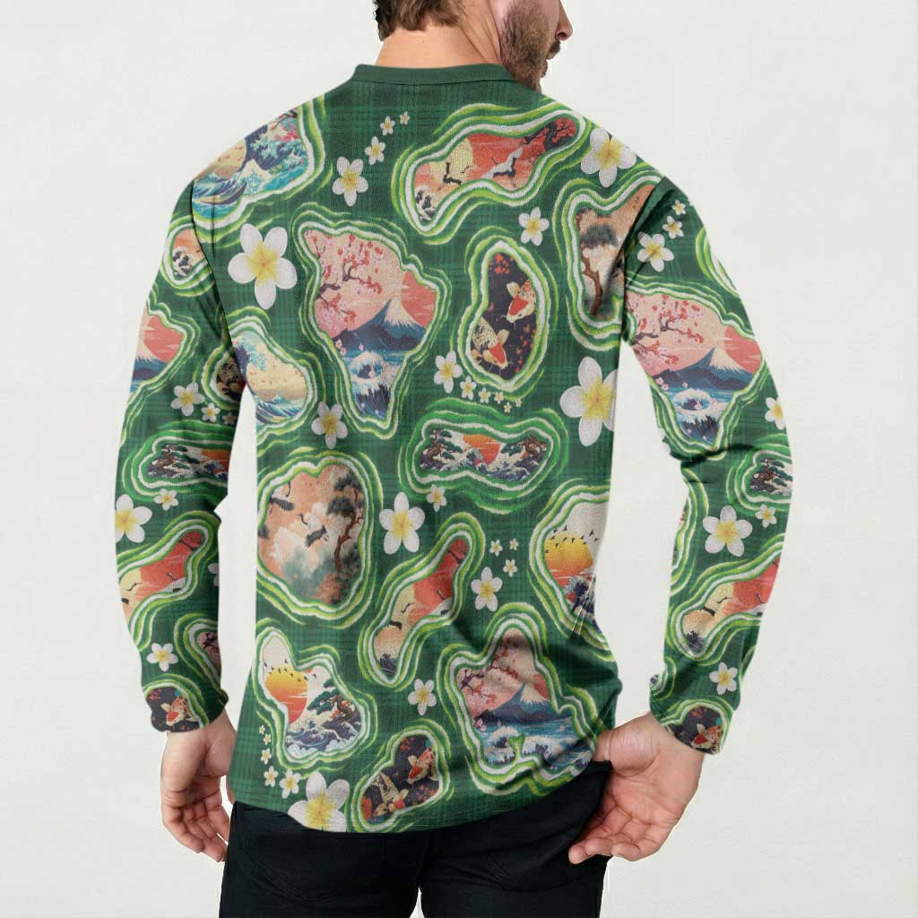 Hawaiian and Japanese Culture Together Button Sweatshirt Hawaiian Island Shapes with Japanese Landscape Green Color LT03 - Polynesian Pride