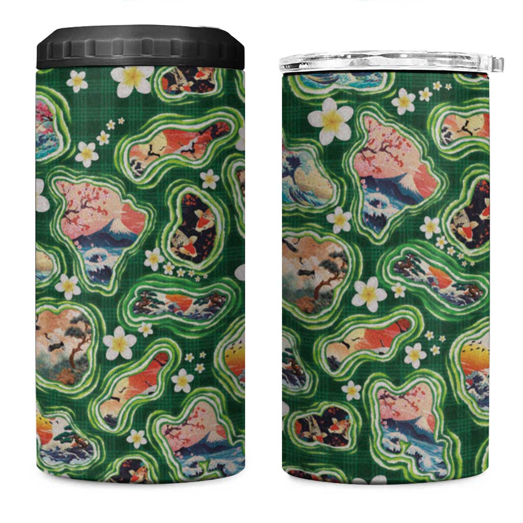 Hawaiian and Japanese Culture Together 4 in 1 Can Cooler Tumbler Hawaiian Island Shapes with Japanese Landscape Green Color LT03 One Size: 16 oz Green - Polynesian Pride
