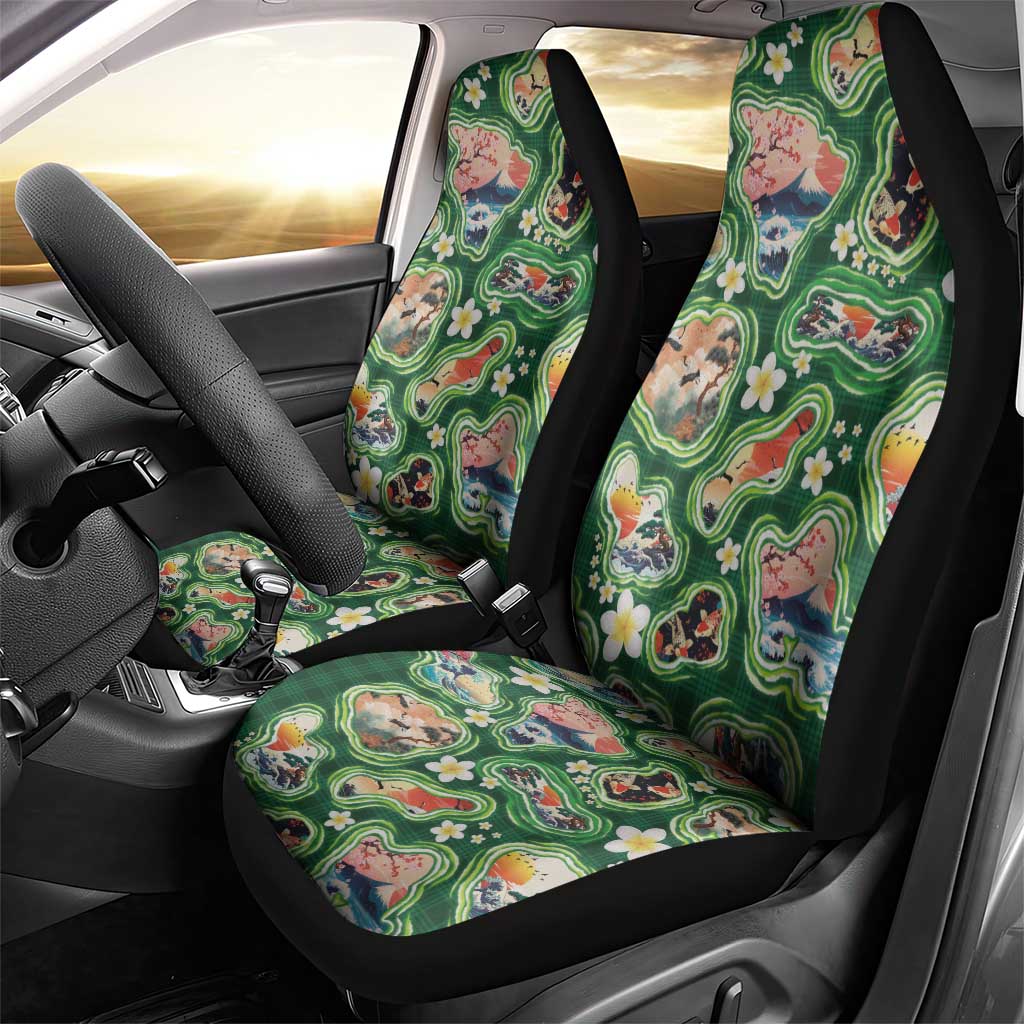 Hawaiian and Japanese Culture Together Car Seat Cover Hawaiian Island Shapes with Japanese Landscape Green Color LT03 - Polynesian Pride