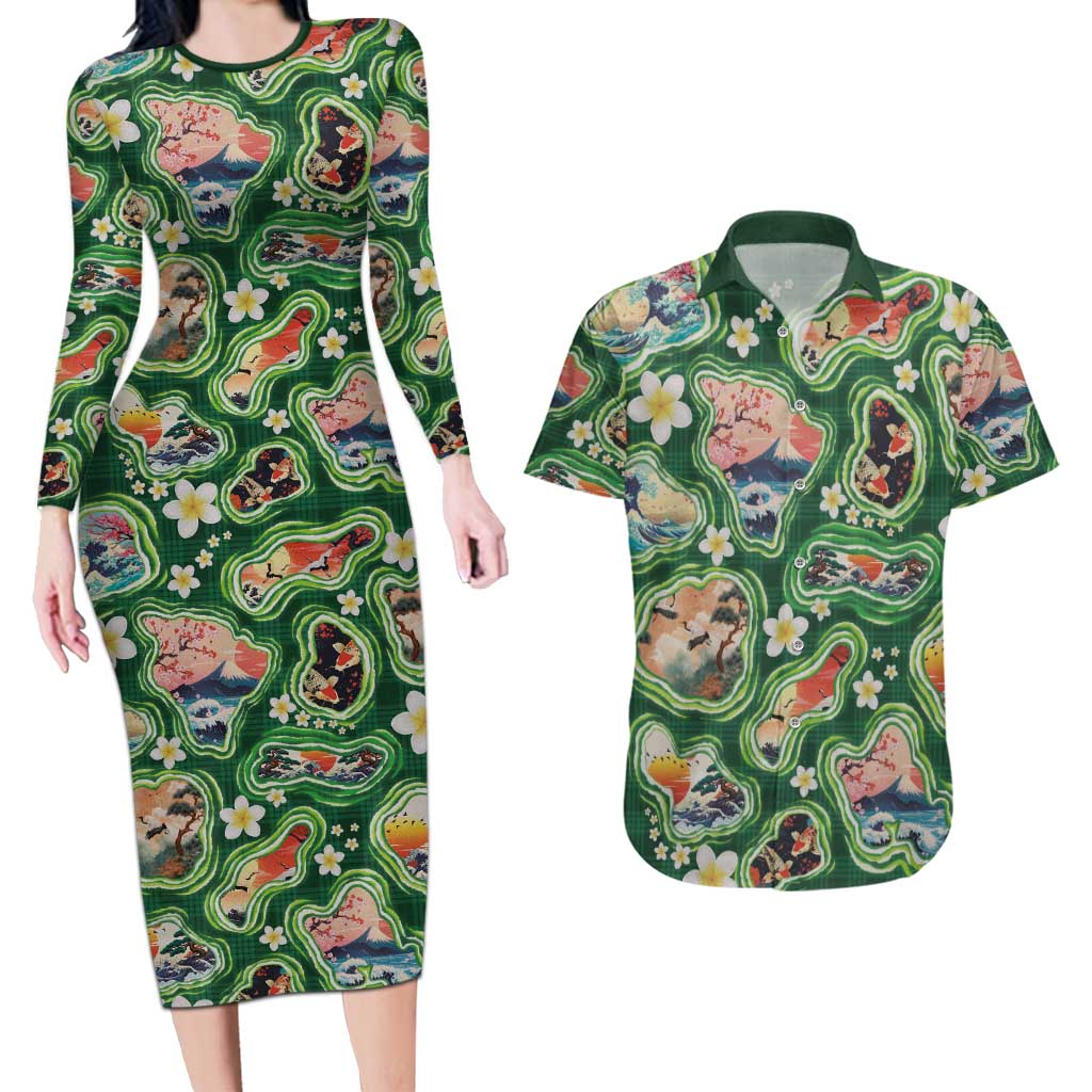 Hawaiian and Japanese Culture Together Couples Matching Long Sleeve Bodycon Dress and Hawaiian Shirt Hawaiian Island Shapes with Japanese Landscape Green Color LT03 Green - Polynesian Pride