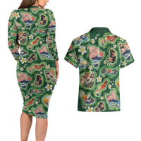 Hawaiian and Japanese Culture Together Couples Matching Long Sleeve Bodycon Dress and Hawaiian Shirt Hawaiian Island Shapes with Japanese Landscape Green Color LT03 - Polynesian Pride