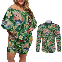 Hawaiian and Japanese Culture Together Couples Matching Off Shoulder Short Dress and Long Sleeve Button Shirt Hawaiian Island Shapes with Japanese Landscape Green Color LT03 Green - Polynesian Pride