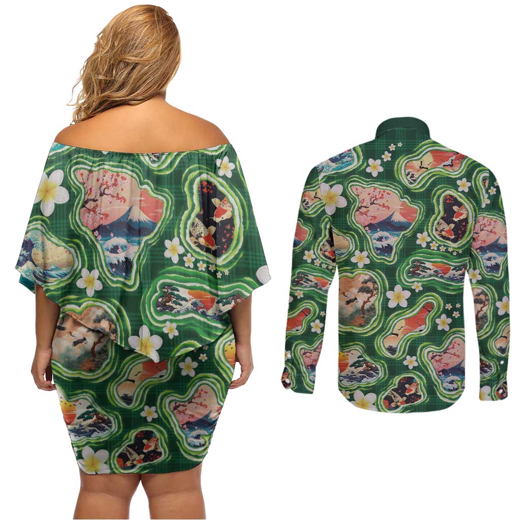 Hawaiian and Japanese Culture Together Couples Matching Off Shoulder Short Dress and Long Sleeve Button Shirt Hawaiian Island Shapes with Japanese Landscape Green Color LT03 - Polynesian Pride