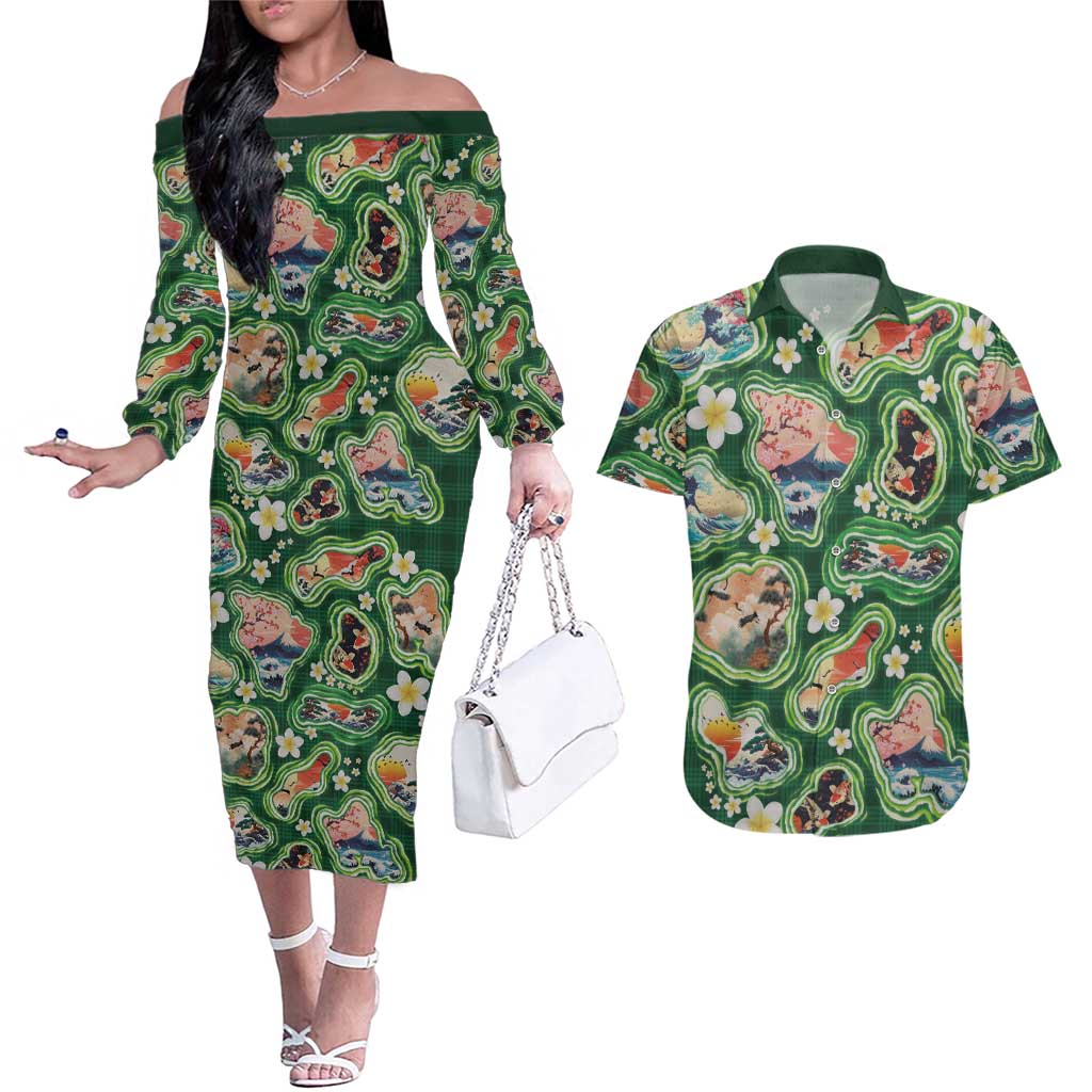 Hawaiian and Japanese Culture Together Couples Matching Off The Shoulder Long Sleeve Dress and Hawaiian Shirt Hawaiian Island Shapes with Japanese Landscape Green Color
