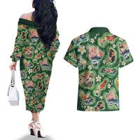 Hawaiian and Japanese Culture Together Couples Matching Off The Shoulder Long Sleeve Dress and Hawaiian Shirt Hawaiian Island Shapes with Japanese Landscape Green Color LT03 - Polynesian Pride