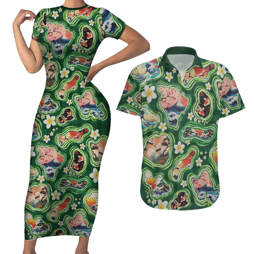 Hawaiian and Japanese Culture Together Couples Matching Short Sleeve Bodycon Dress and Hawaiian Shirt Hawaiian Island Shapes with Japanese Landscape Green Color