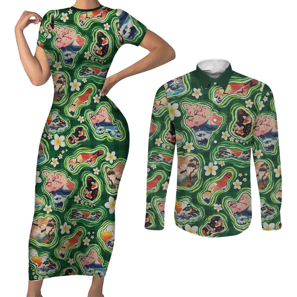 Hawaiian and Japanese Culture Together Couples Matching Short Sleeve Bodycon Dress and Long Sleeve Button Shirt Hawaiian Island Shapes with Japanese Landscape Green Color