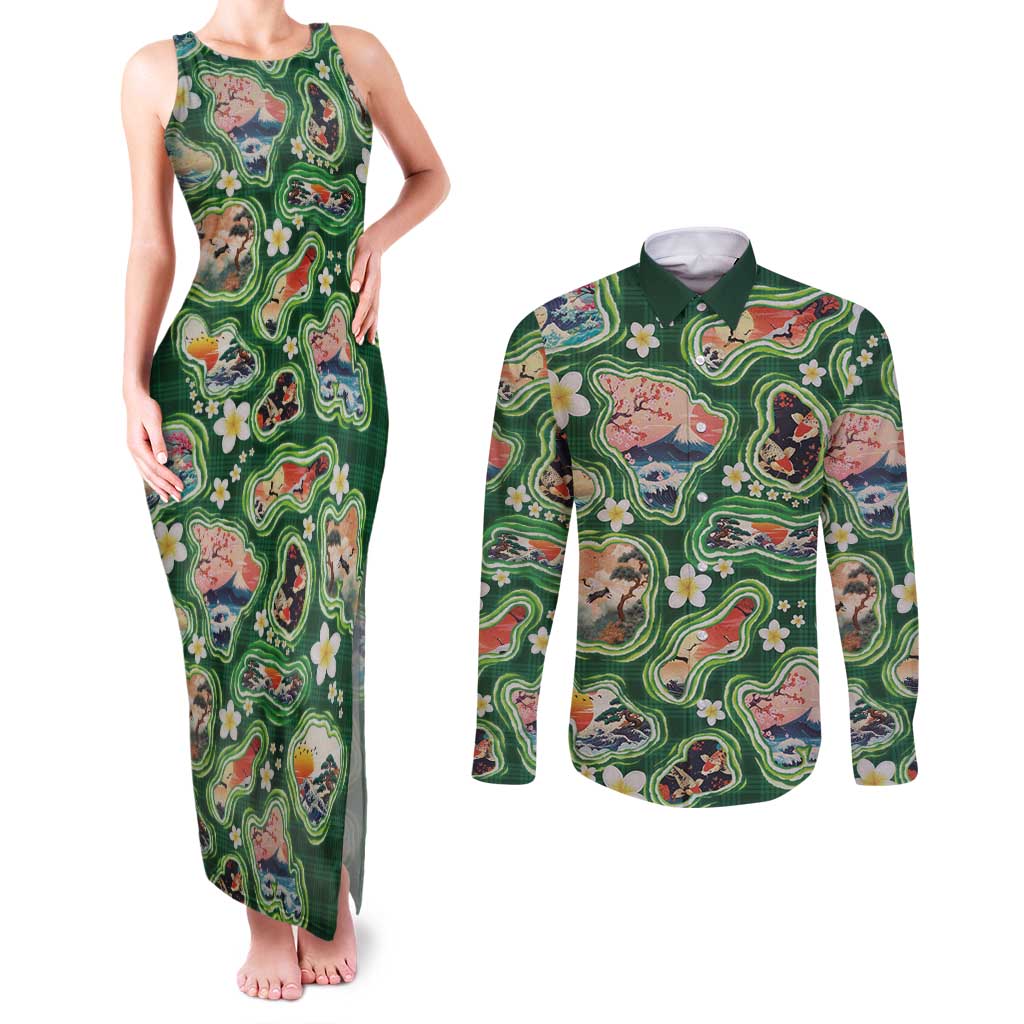 Hawaiian and Japanese Culture Together Couples Matching Tank Maxi Dress and Long Sleeve Button Shirt Hawaiian Island Shapes with Japanese Landscape Green Color LT03 Green - Polynesian Pride
