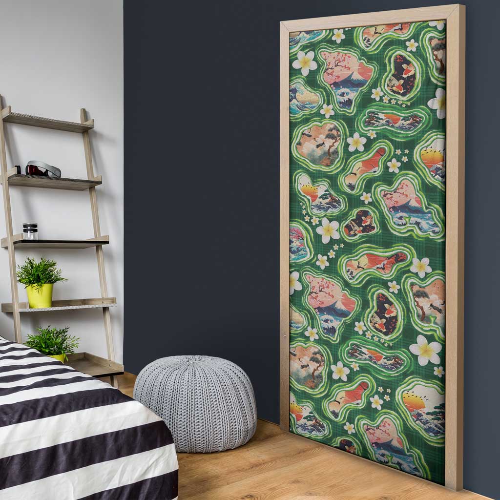 Hawaiian and Japanese Culture Together Door Cover Hawaiian Island Shapes with Japanese Landscape Green Color LT03 - Polynesian Pride