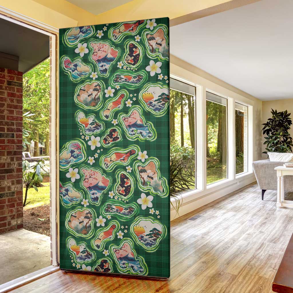Hawaiian and Japanese Culture Together Door Cover Hawaiian Island Shapes with Japanese Landscape Green Color LT03 - Polynesian Pride