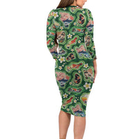 Hawaiian and Japanese Culture Together Family Matching Long Sleeve Bodycon Dress and Hawaiian Shirt Hawaiian Island Shapes with Japanese Landscape Green Color LT03 - Polynesian Pride