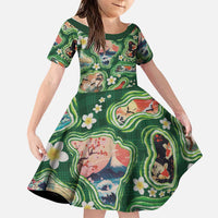 Hawaiian and Japanese Culture Together Family Matching Mermaid Dress and Hawaiian Shirt Hawaiian Island Shapes with Japanese Landscape Green Color LT03 Daughter's Dress Green - Polynesian Pride