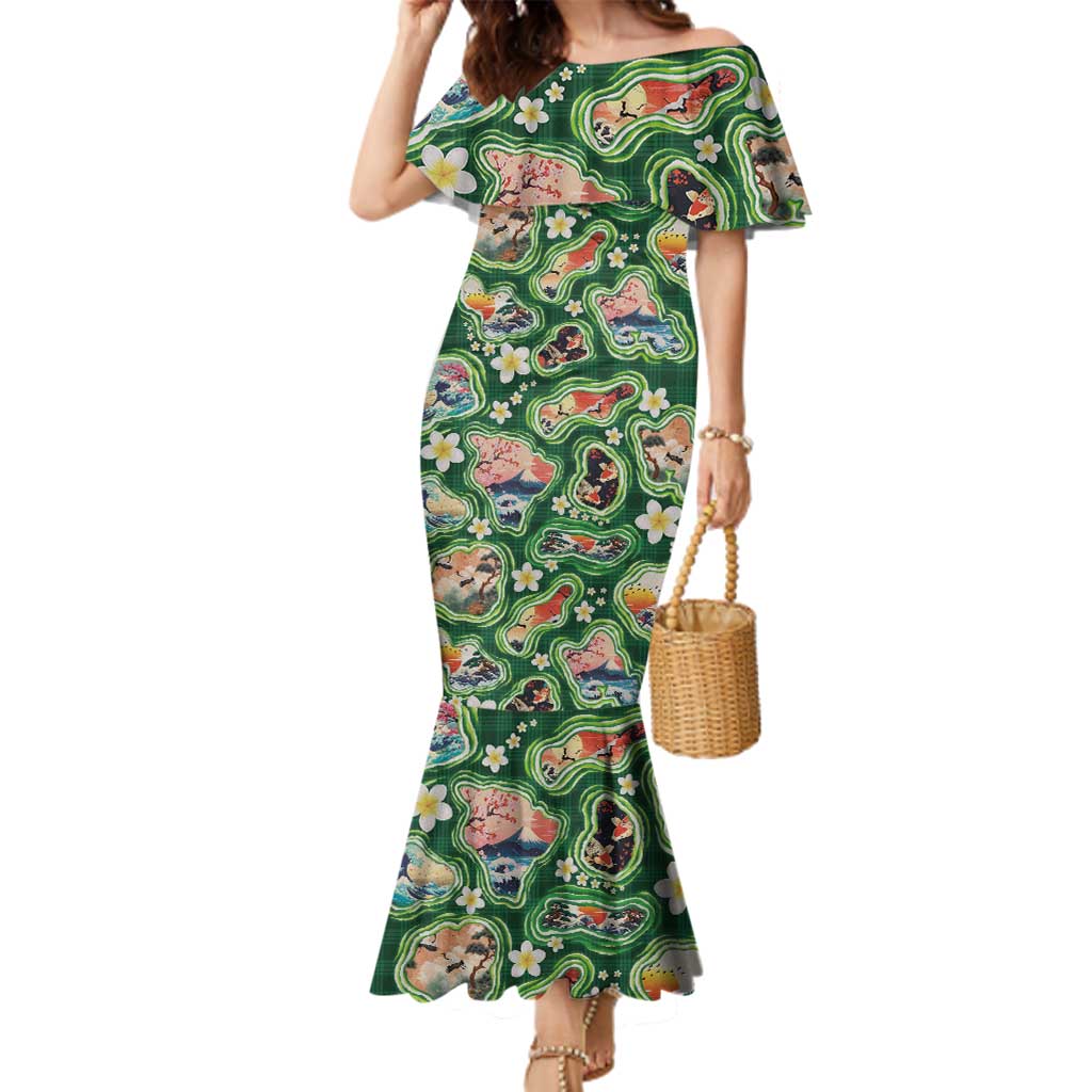 Hawaiian and Japanese Culture Together Family Matching Mermaid Dress and Hawaiian Shirt Hawaiian Island Shapes with Japanese Landscape Green Color LT03 Mom's Dress Green - Polynesian Pride