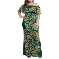 Hawaiian and Japanese Culture Together Family Matching Off Shoulder Maxi Dress and Hawaiian Shirt Hawaiian Island Shapes with Japanese Landscape Green Color LT03 Mom's Dress Green - Polynesian Pride