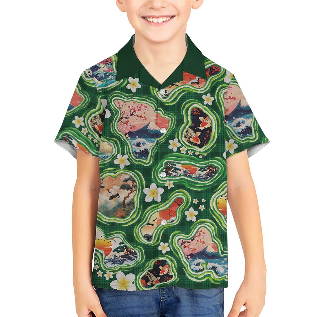Hawaiian and Japanese Culture Together Family Matching Off Shoulder Maxi Dress and Hawaiian Shirt Hawaiian Island Shapes with Japanese Landscape Green Color LT03 Son's Shirt Green - Polynesian Pride
