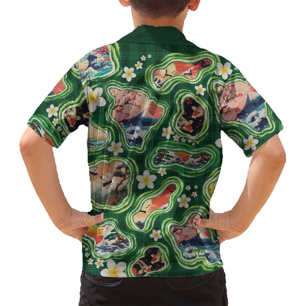 Hawaiian and Japanese Culture Together Family Matching Off Shoulder Short Dress and Hawaiian Shirt Hawaiian Island Shapes with Japanese Landscape Green Color LT03 - Polynesian Pride