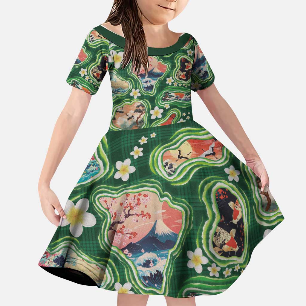 Hawaiian and Japanese Culture Together Family Matching Puletasi and Hawaiian Shirt Hawaiian Island Shapes with Japanese Landscape Green Color LT03 Daughter's Dress Green - Polynesian Pride