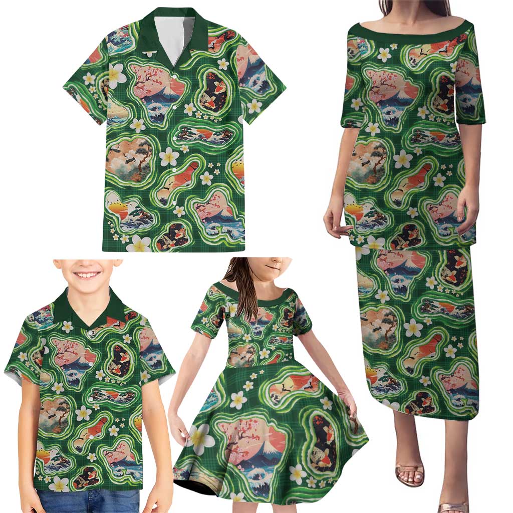 Hawaiian and Japanese Culture Together Family Matching Puletasi and Hawaiian Shirt Hawaiian Island Shapes with Japanese Landscape Green Color LT03 - Polynesian Pride