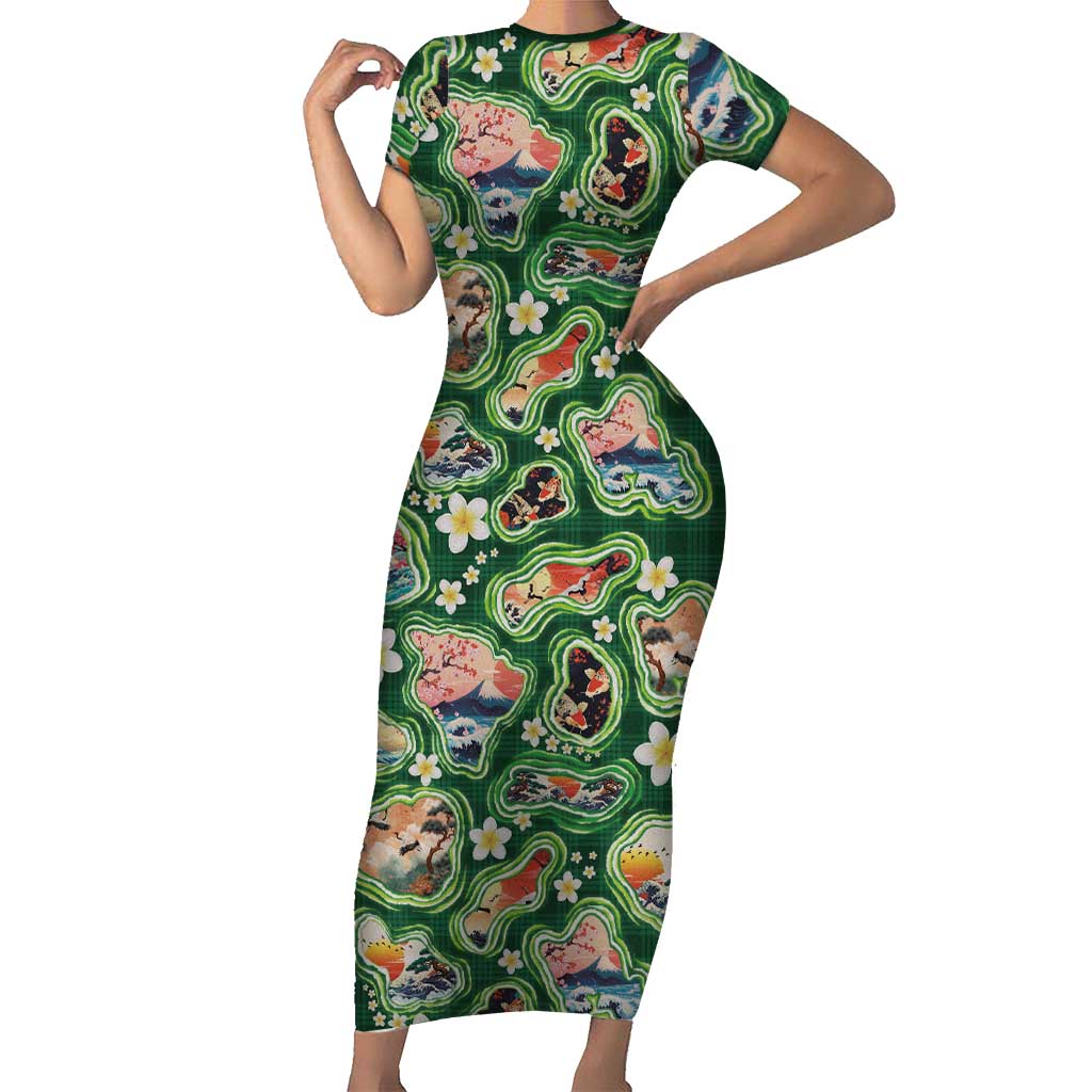 Hawaiian and Japanese Culture Together Family Matching Short Sleeve Bodycon Dress and Hawaiian Shirt Hawaiian Island Shapes with Japanese Landscape Green Color LT03 Mom's Dress Green - Polynesian Pride