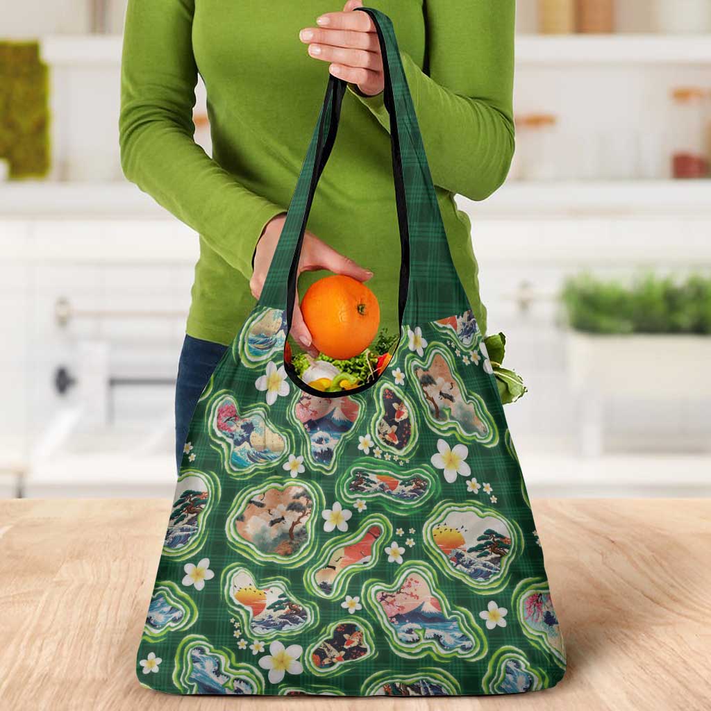 Hawaiian and Japanese Culture Together Grocery Bag Hawaiian Island Shapes with Japanese Landscape Green Color LT03 - Polynesian Pride