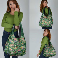 Hawaiian and Japanese Culture Together Grocery Bag Hawaiian Island Shapes with Japanese Landscape Green Color LT03 - Polynesian Pride