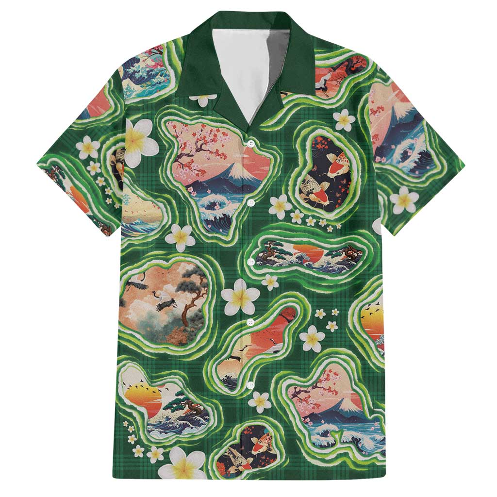 Hawaiian and Japanese Culture Together Hawaiian Shirt Hawaiian Island Shapes with Japanese Landscape Green Color LT03 Green - Polynesian Pride