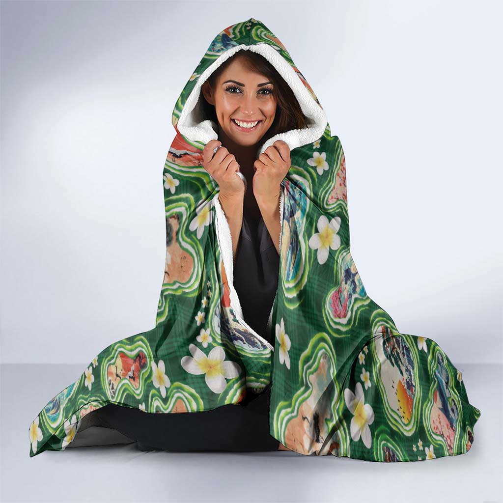 Hawaiian and Japanese Culture Together Hooded Blanket Hawaiian Island Shapes with Japanese Landscape Green Color LT03 - Polynesian Pride