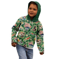 Hawaiian and Japanese Culture Together Kid Hoodie Hawaiian Island Shapes with Japanese Landscape Green Color LT03 - Polynesian Pride