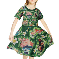 Hawaiian and Japanese Culture Together Kid Short Sleeve Dress Hawaiian Island Shapes with Japanese Landscape Green Color LT03 - Polynesian Pride