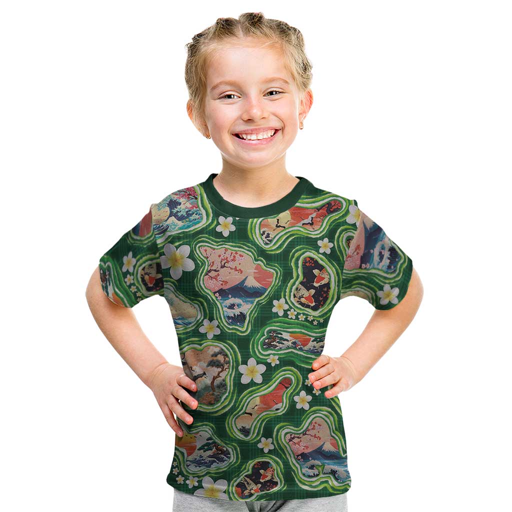 Hawaiian and Japanese Culture Together Kid T Shirt Hawaiian Island Shapes with Japanese Landscape Green Color LT03 Green - Polynesian Pride