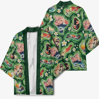 Hawaiian and Japanese Culture Together Kimono Hawaiian Island Shapes with Japanese Landscape Green Color LT03 - Polynesian Pride