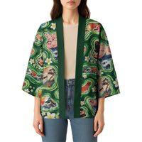Hawaiian and Japanese Culture Together Kimono Hawaiian Island Shapes with Japanese Landscape Green Color LT03 - Polynesian Pride