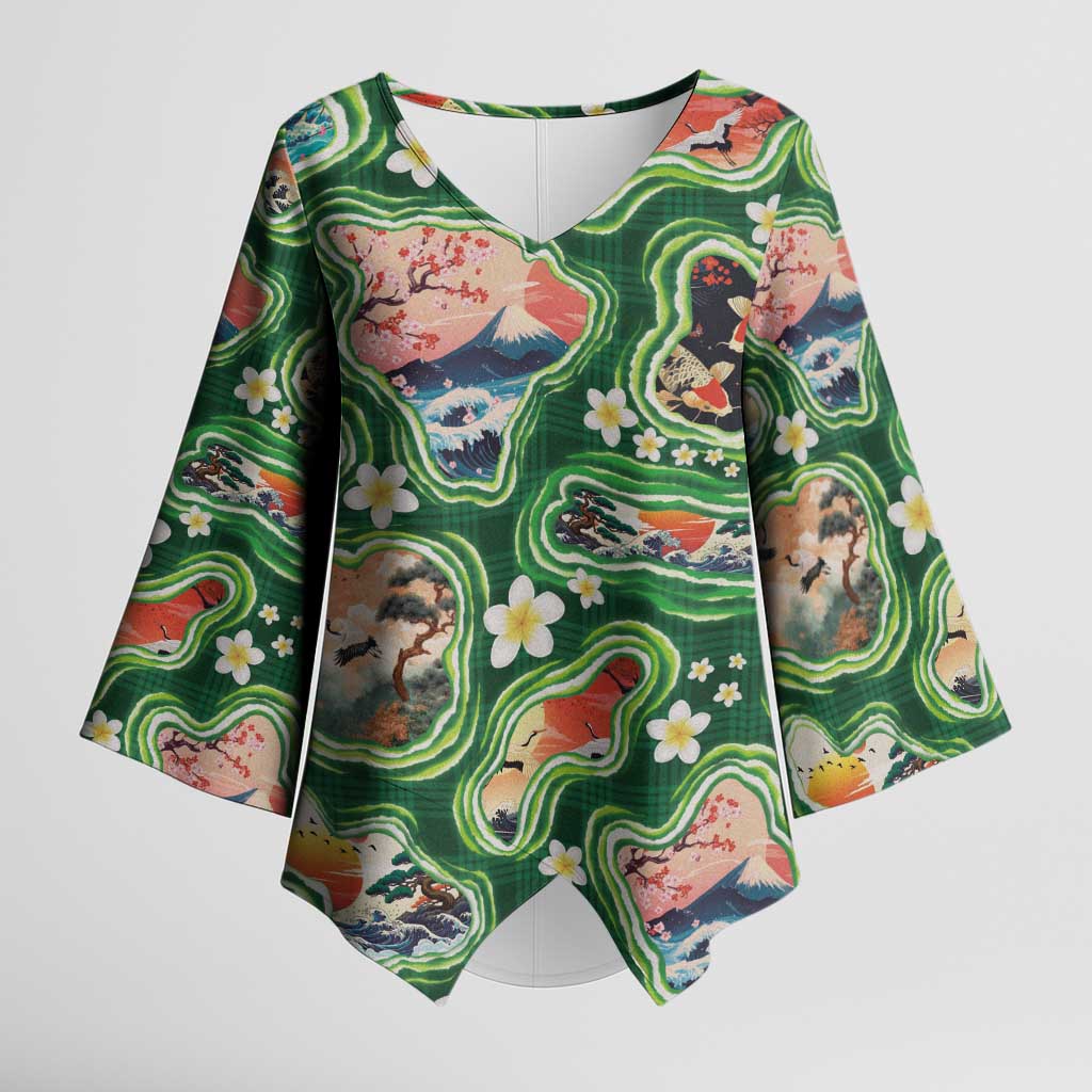 Hawaiian and Japanese Culture Together Kimono Sleeve Blouse Hawaiian Island Shapes with Japanese Landscape Green Color LT03 Female Green - Polynesian Pride