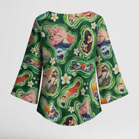 Hawaiian and Japanese Culture Together Kimono Sleeve Blouse Hawaiian Island Shapes with Japanese Landscape Green Color LT03 - Polynesian Pride