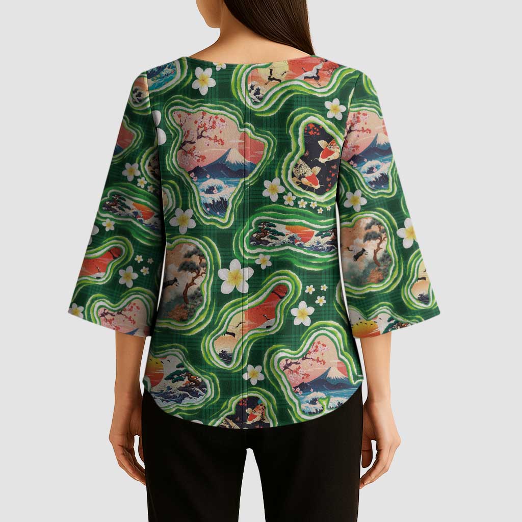 Hawaiian and Japanese Culture Together Kimono Sleeve Blouse Hawaiian Island Shapes with Japanese Landscape Green Color LT03 - Polynesian Pride