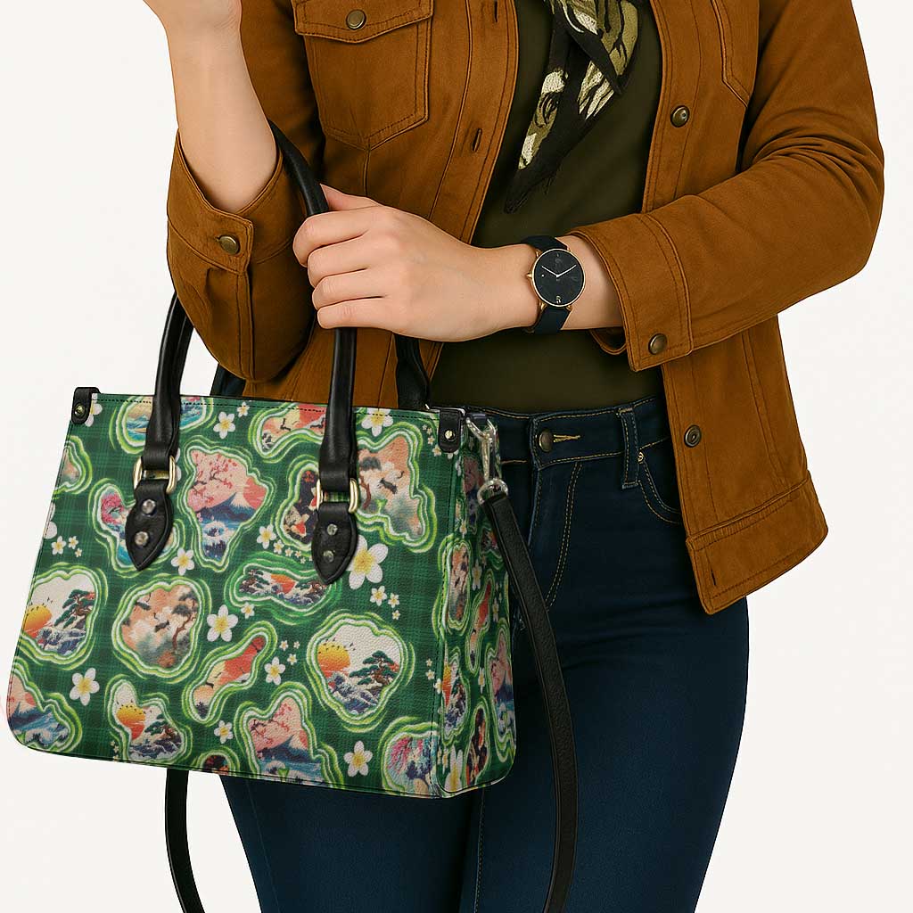 Hawaiian and Japanese Culture Together Leather Bag Hawaiian Island Shapes with Japanese Landscape Green Color LT03 - Polynesian Pride