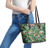 Hawaiian and Japanese Culture Together Leather Tote Bag Hawaiian Island Shapes with Japanese Landscape Green Color LT03 - Polynesian Pride