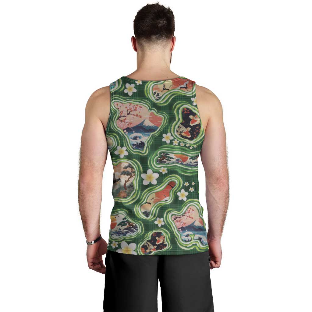 Hawaiian and Japanese Culture Together Men Tank Top Hawaiian Island Shapes with Japanese Landscape Green Color LT03 - Polynesian Pride