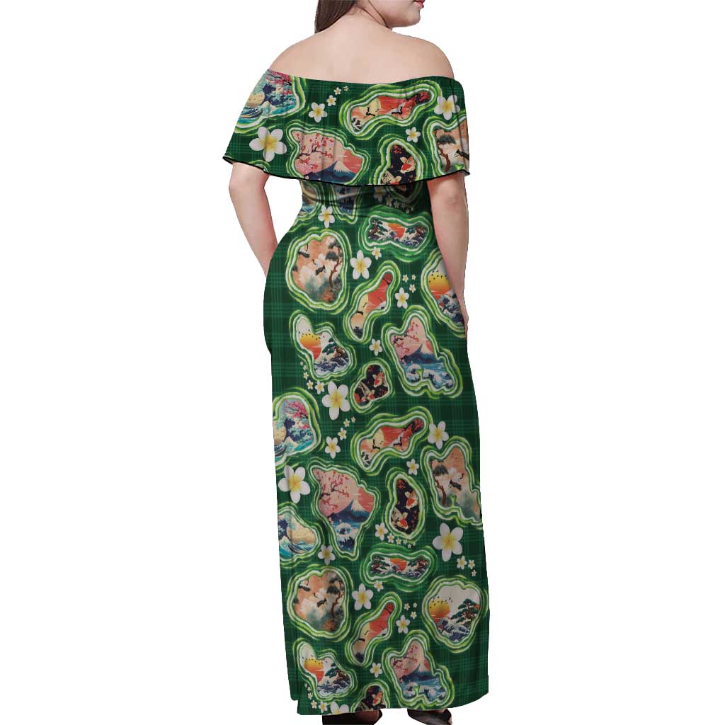 Hawaiian and Japanese Culture Together Off Shoulder Maxi Dress Hawaiian Island Shapes with Japanese Landscape Green Color LT03 - Polynesian Pride