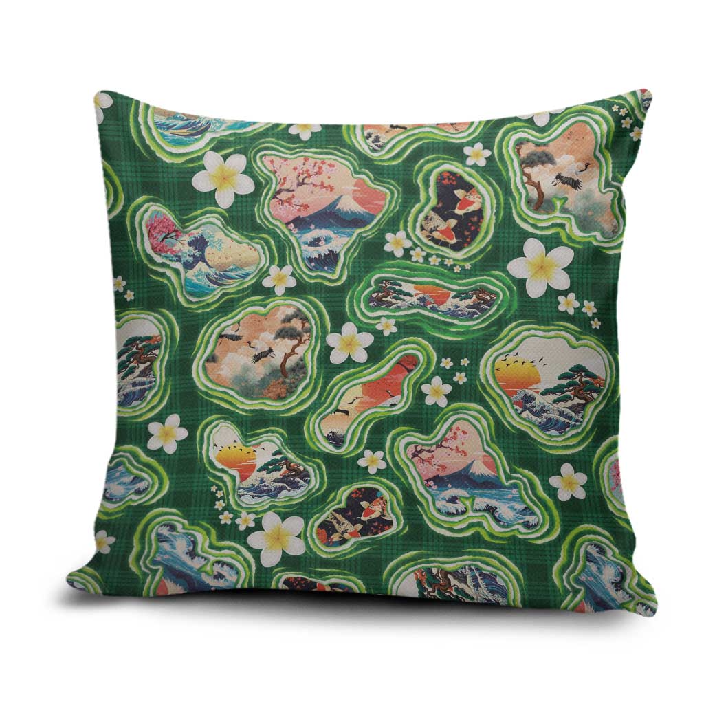 Hawaiian and Japanese Culture Together Pillow Cover Hawaiian Island Shapes with Japanese Landscape Green Color LT03 Green - Polynesian Pride