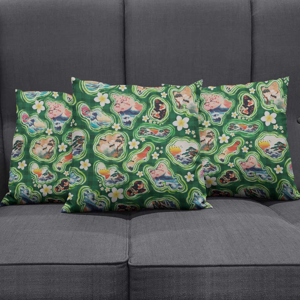 Hawaiian and Japanese Culture Together Pillow Cover Hawaiian Island Shapes with Japanese Landscape Green Color LT03 - Polynesian Pride